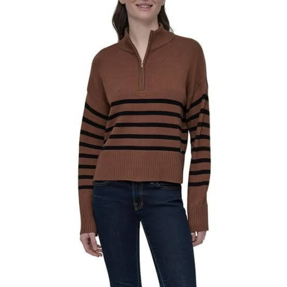 DKNY Womens Brown Striped Quarter Zip Pullover Sweater XXL New